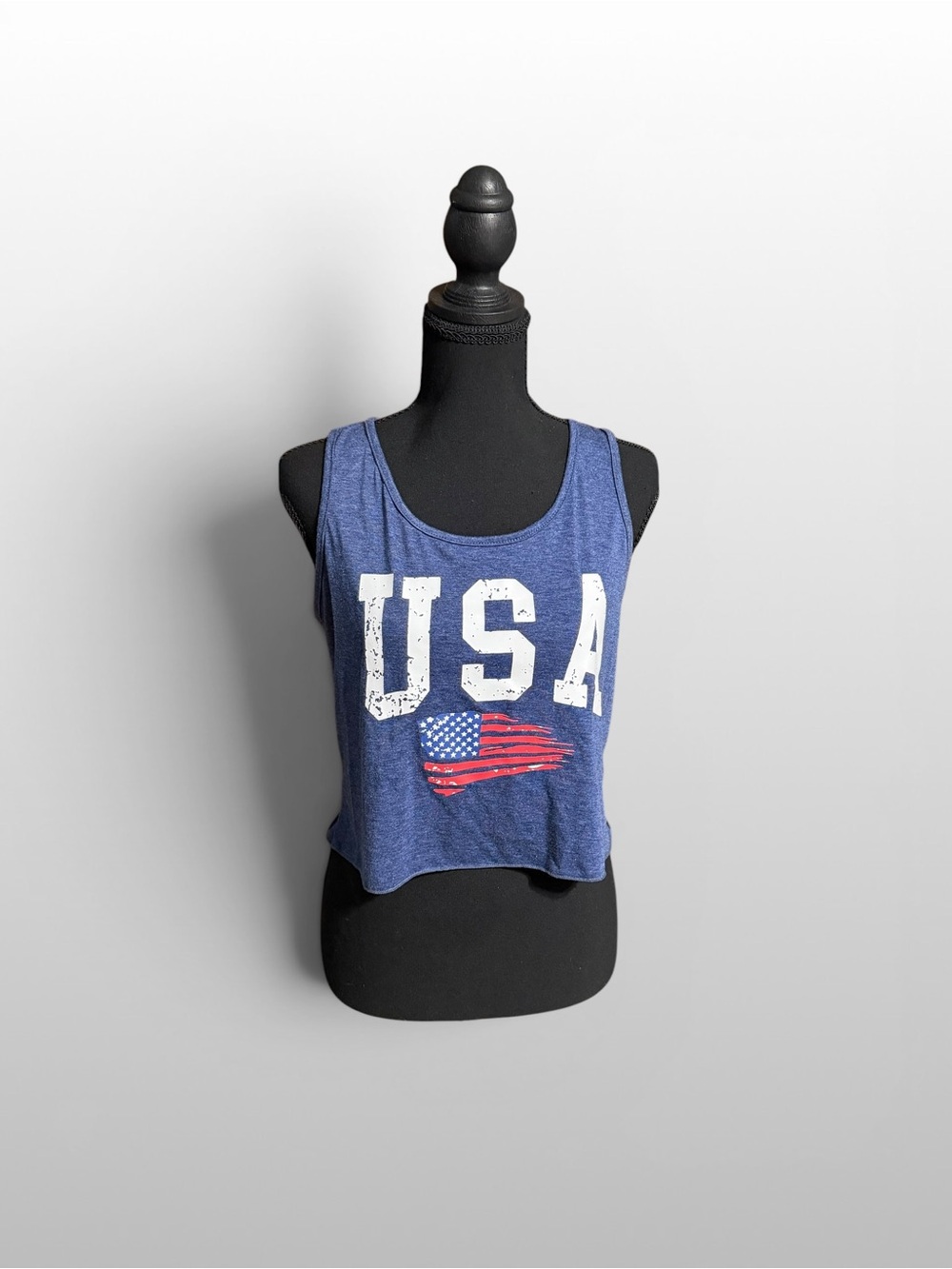 USA Flag Heart Graphic Cropped Tank Top Blue Patriotic Sleeveless Medium